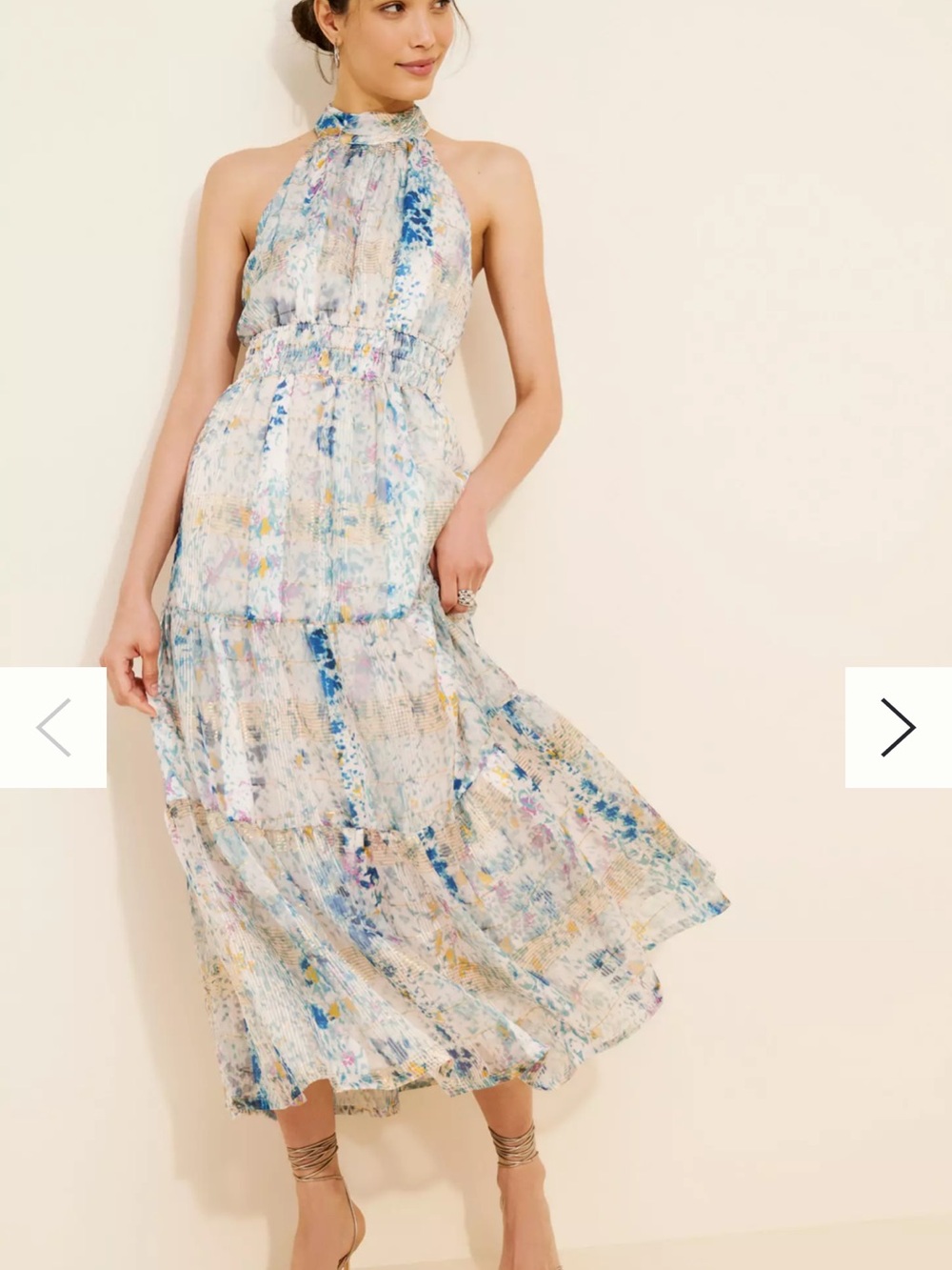 Anthropologie Cream Floral Tiered Maxi Dress with Blue Accents